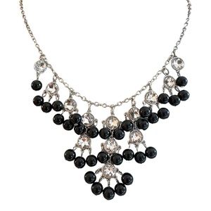 Black Bead and Rhinestone Bib Necklace - Silver Toned Statement Necklace - NEW